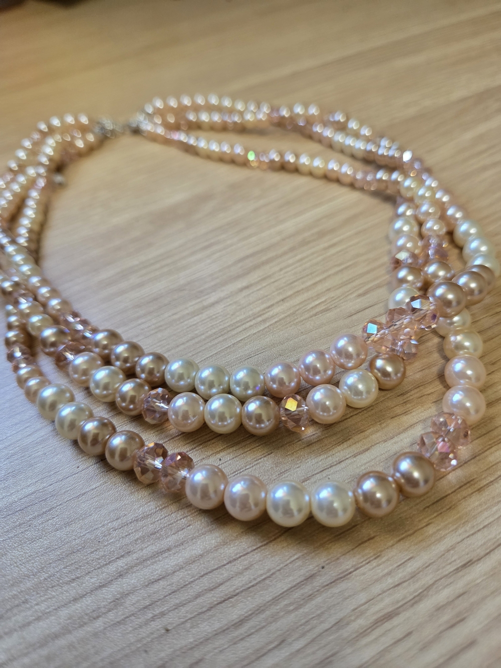 Pearl and Pink Crystal Multi-Strand Necklace